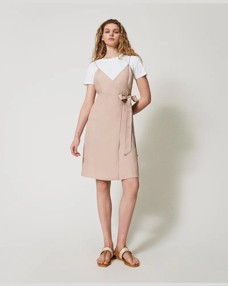 Twin-Set Kleider - Midikleid aus Leinenmischung, Zweifarbig Rose Desert / White Cloud, Größe Zweifarbig