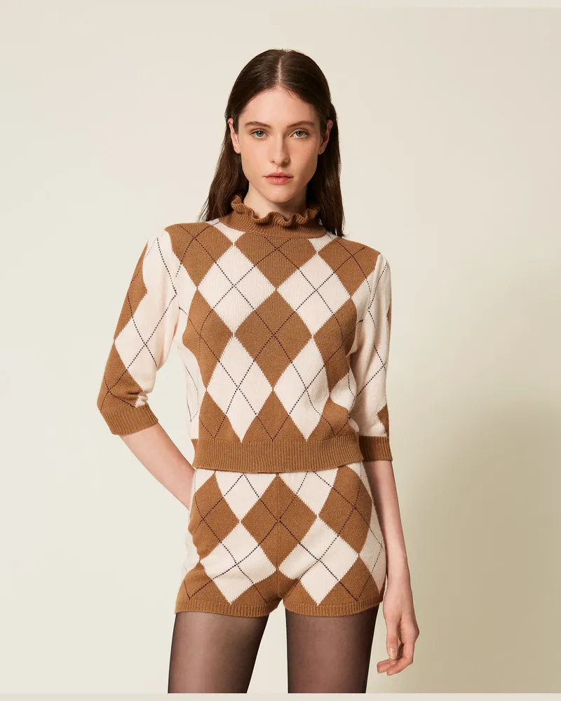 Twin-Set Hosen - Jacquard-Shorts aus Wollmischung mit Rautenmuster, Intarsie Argyle Parisienne-Rosa, Größe Intarsie