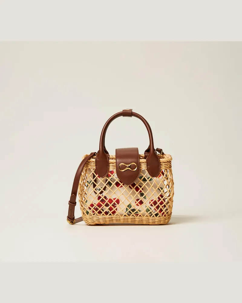 Twin-Set Taschen - Umhängetasche aus Weidengeflecht mit Pochette, Zweifarbig Strohbeige / Lederbraun, Einheitsgröße Zweifarbig