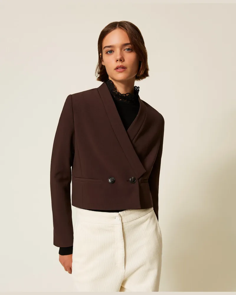 Twin-Set Jacken und Outerwear - Zweireiher-Jacke aus Crêpe, Black Chocolate, Größe Black