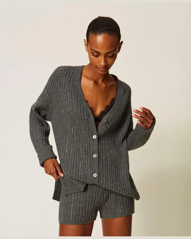 Twin-Set Cardigan aus Wollmischung mit Strass, Damen, Mittelgrau-Melange Mittelgrau-melange