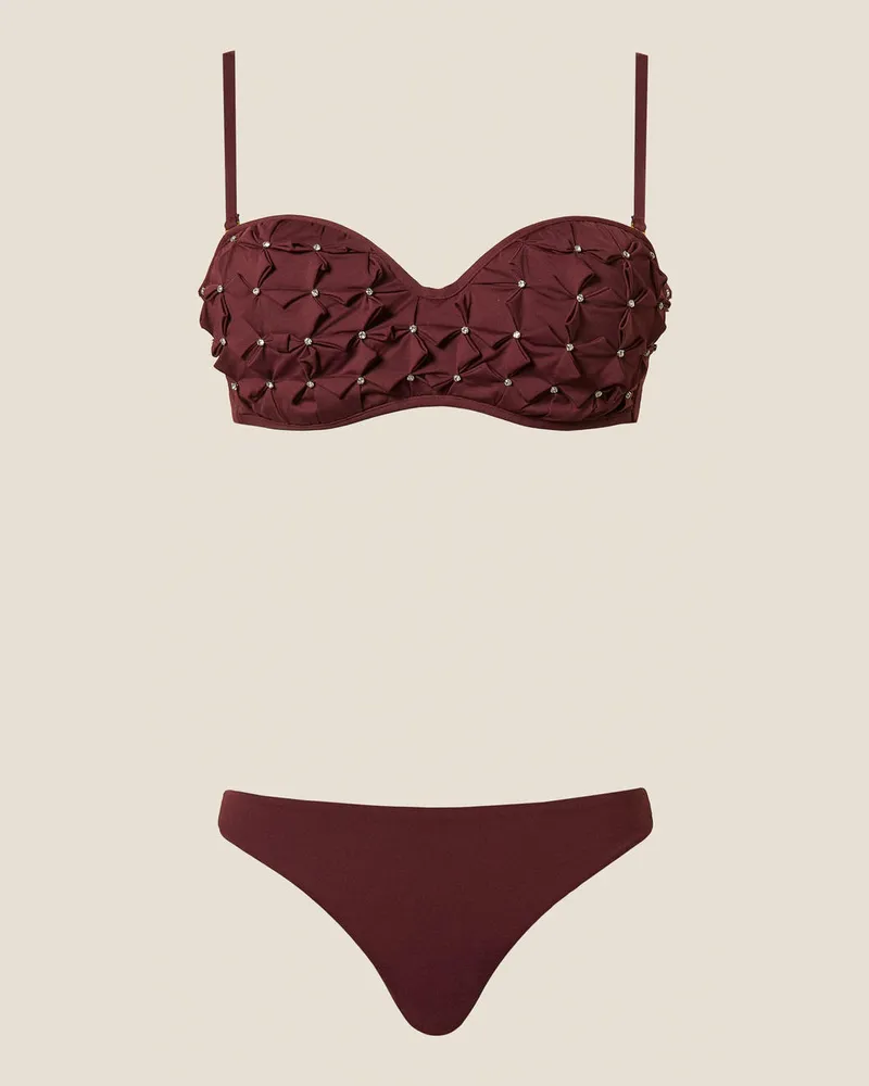 Twin-Set Bademode - Bandeau-Bikinitop mit Stickerei und Slip, "Winetasting"-Violett, Strass, Größe Winetasting-violett