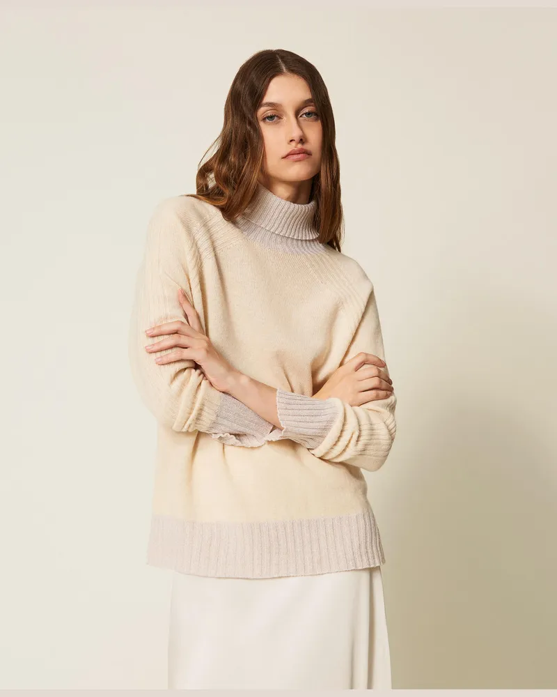 Twin-Set Stehkragenpullover aus Kaschmirmischung mit Lurex, Chantilly / Schnee Gold Lurex, Größe Chantilly