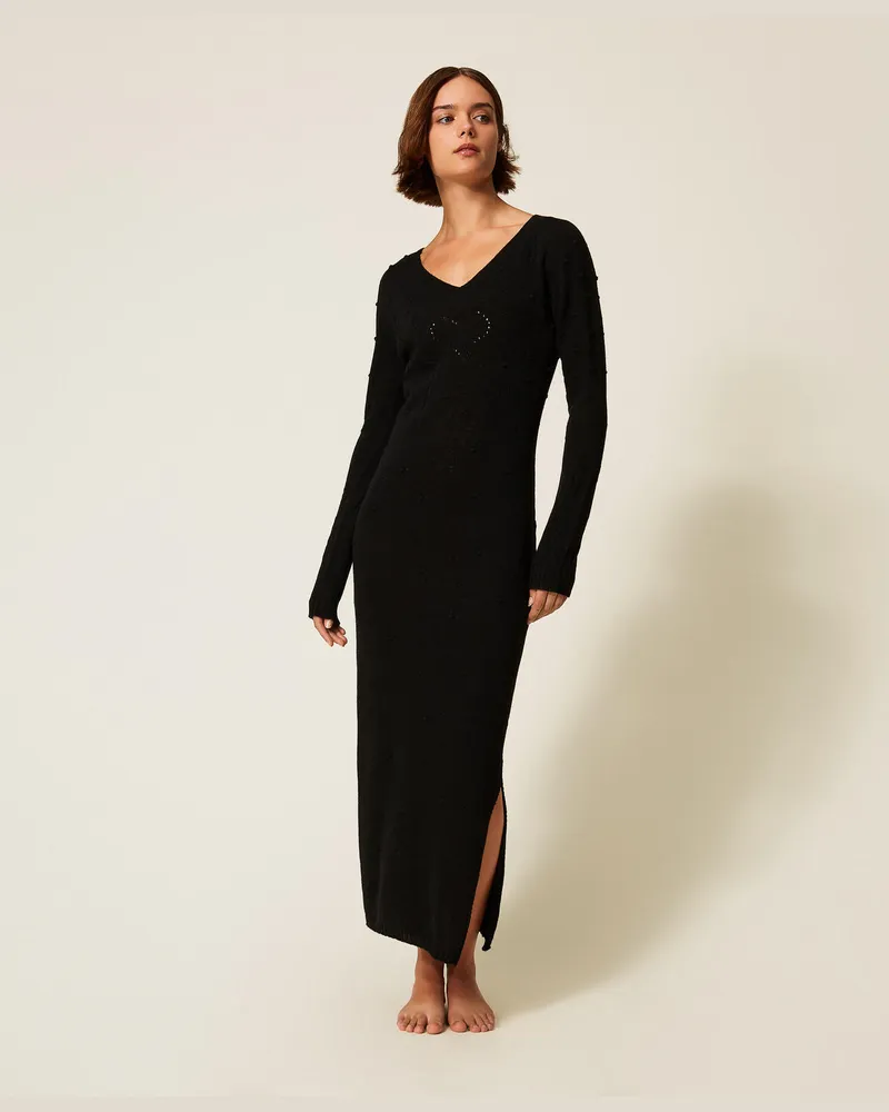 Twin-Set Kleider - Maxikleid aus Treeblend-Garn, Schwarz, Wolle, Größe Schwarz