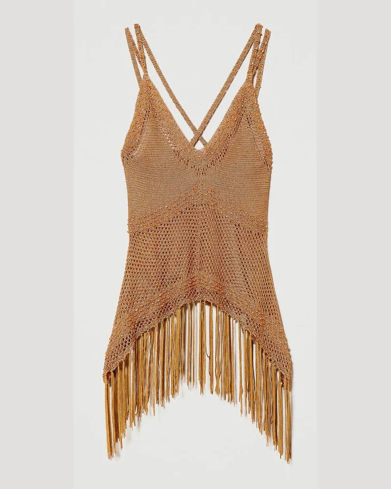 Twin-Set Tops - Netztop mit Perlchen und Fransen, Dunkles Siena, Größe: XS 