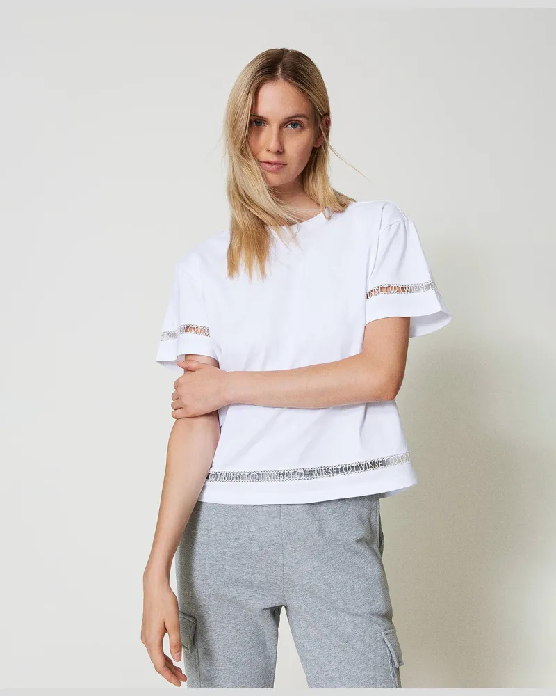 Twin-Set T-Shirts - T-Shirt im Regular-Fit mit Sticklogo, Weiß, Baumwolle, Größe: XXS 