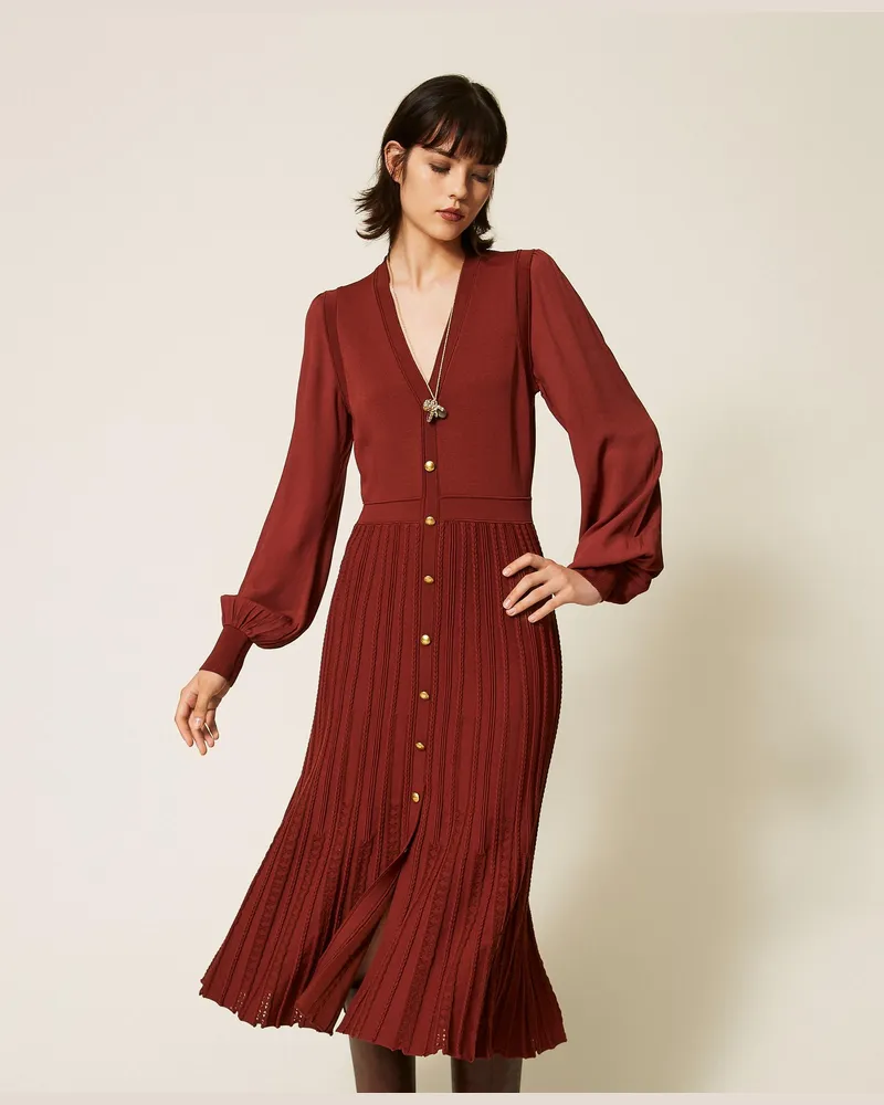Twin-Set Maxi-Strickkleid mit Trompe-l'Œil-Effekt, Damen, "Cherry Wood-Braun Cherry