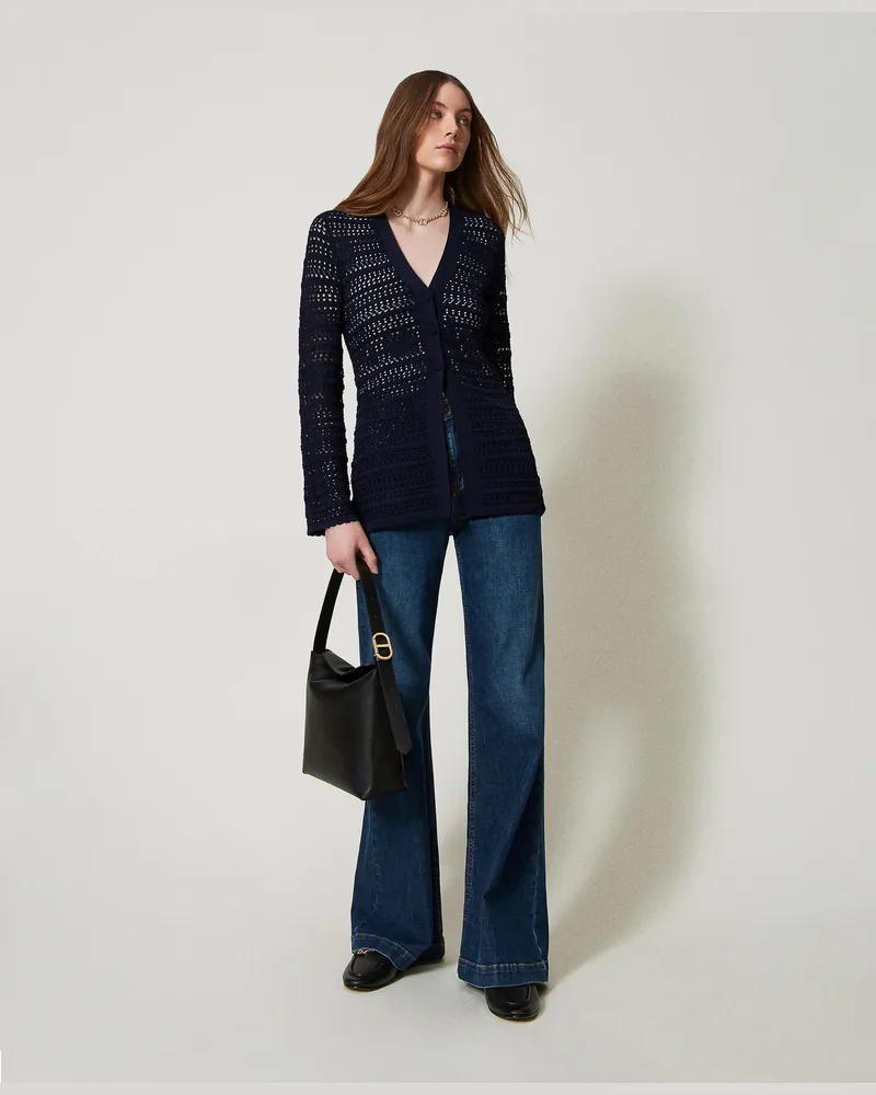 Twin-Set Cardigans - Strickcardigan mit Lochmuster, Blue Night, Größe: XXL 