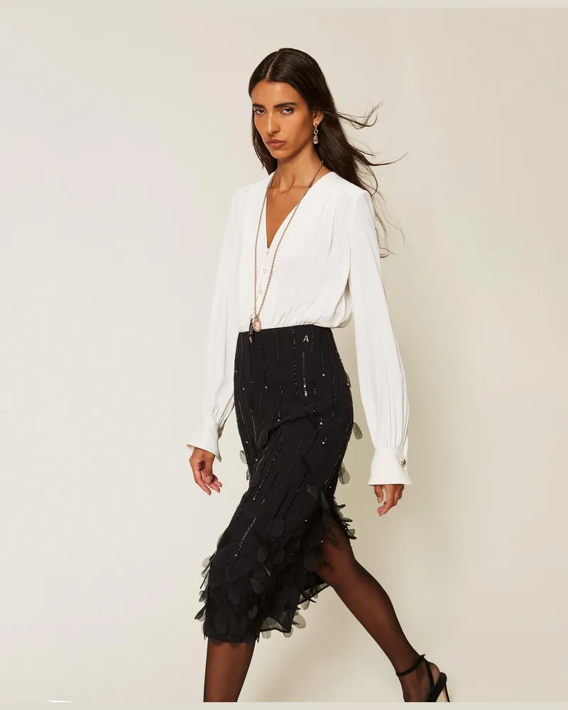 Twin-Set Midirock aus Georgette mit Stickerei, Damen, Schwarz Schwarz