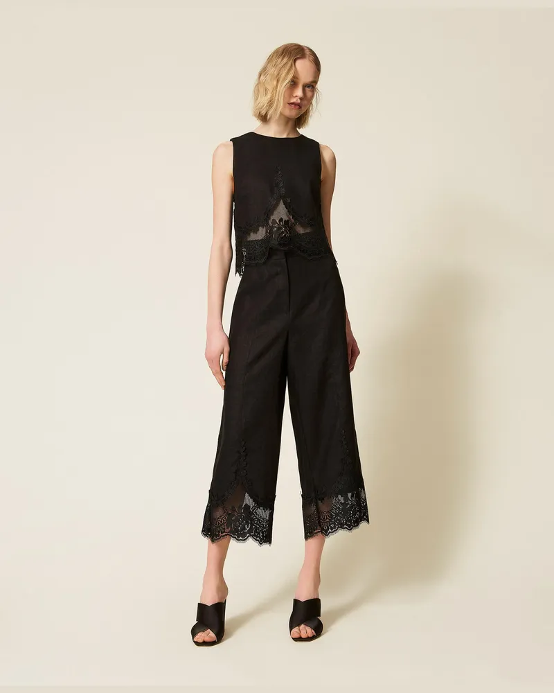 Twin-Set Hosen - Cropped-Hose aus Leinen mit Spitze, Schwarz, Größe Schwarz