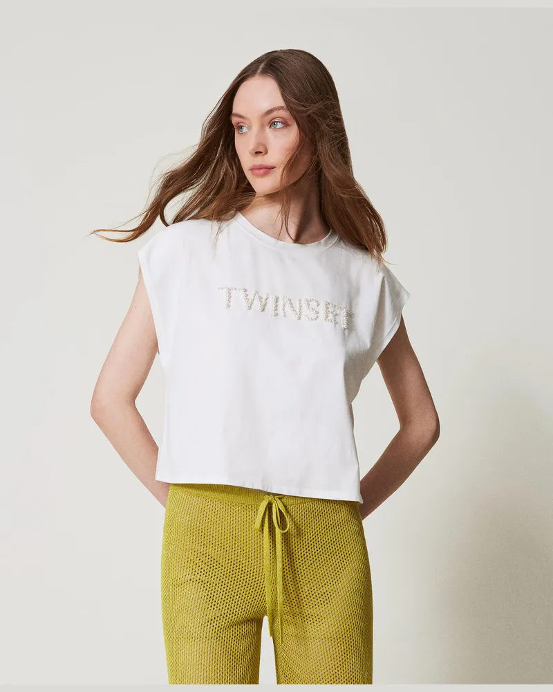 Twin-Set T-Shirts - T-Shirt mit Logo aus aufgestickten Perlen, Sugar Weiß, Baumwolle, Größe: S 