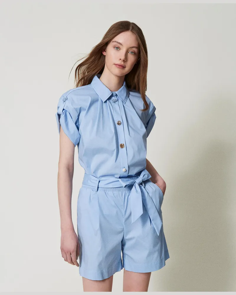 Twin-Set Bademode - Bermudashorts aus Popeline mit Gürtel, "Blue Topaz"-Azur, Baumwolle, Größe: L 