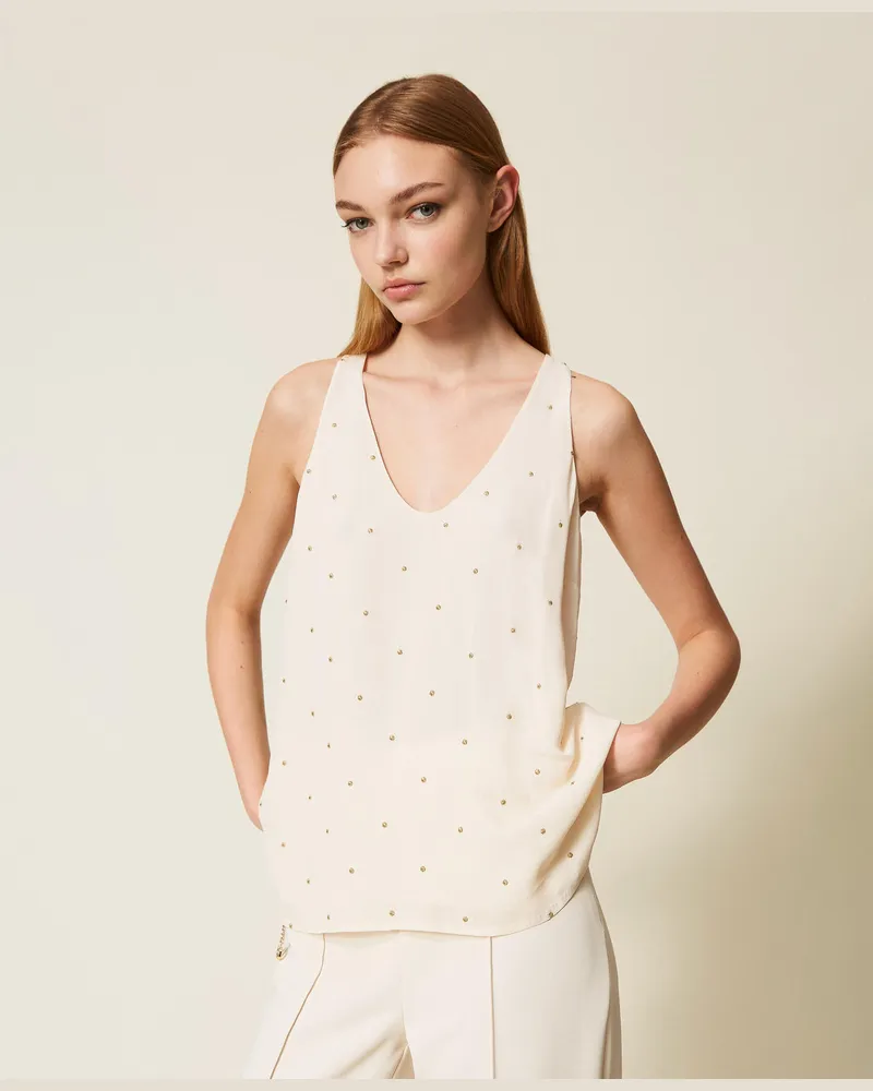 Twin-Set Tops - Top mit Lurex-Stickerei, "Parchment"-Beige, Mit Tupfen, Größe: 50 