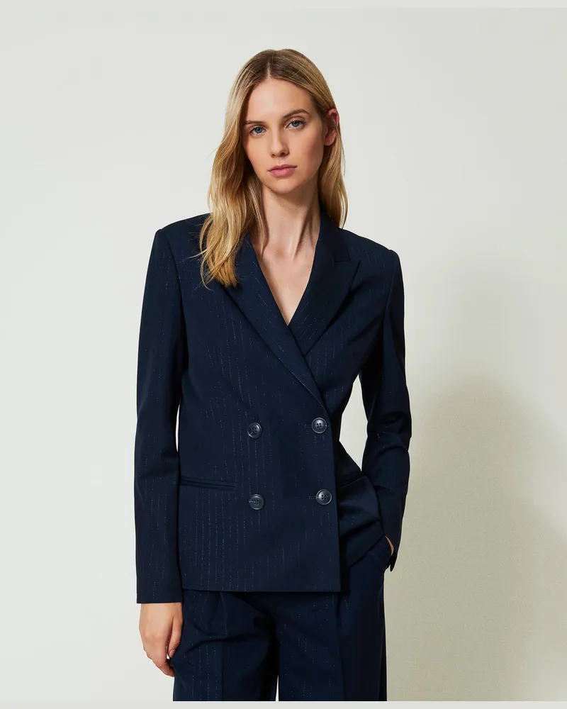 Twin-Set Jacken und Outerwear - Blazer mit Lurex-Nadelstreifen, Indigo Lurexnadelstreifen, Gestreift, Größe Indigo