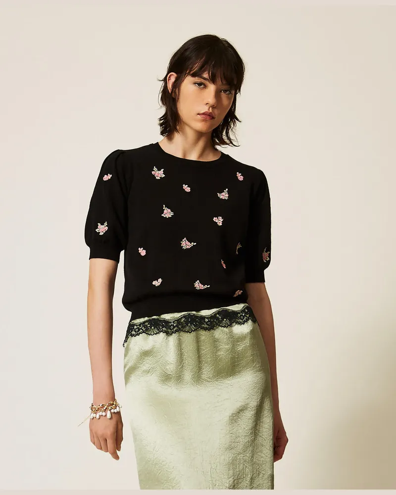 Twin-Set Pullover aus Wollmischung mit Blumenstickerei Schwarz