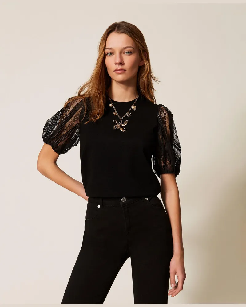 Twin-Set Pullover mit kurzen Ärmeln aus Spitze, Schwarz, Größe Schwarz