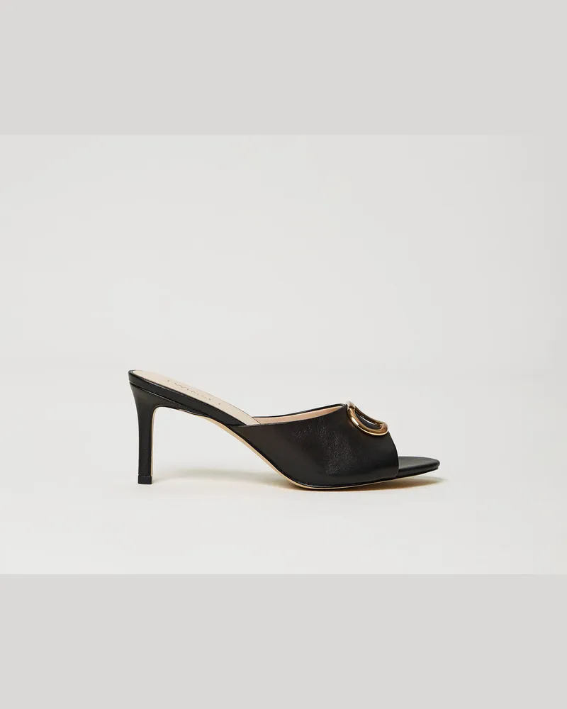 Twin-Set Schuhe - Mules aus Leder mit Oval T, Schwarz, Größe Schwarz