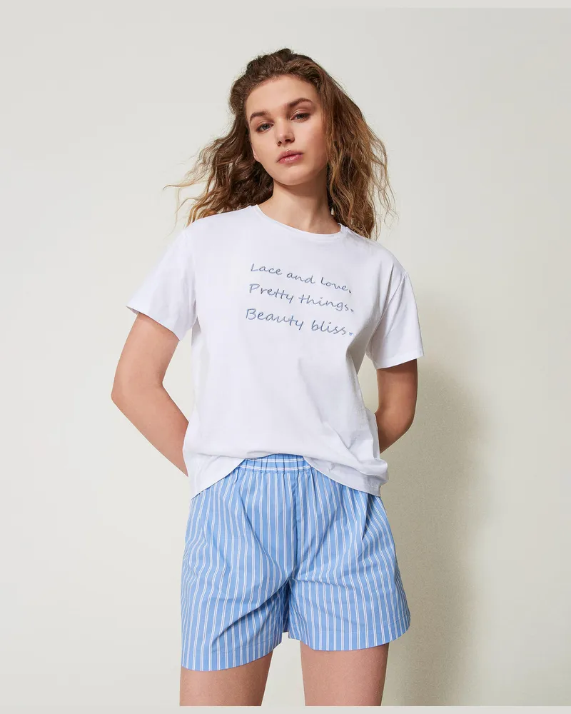 Twin-Set Unterwäsche - Pyjama mit Stickerei und Streifen, Zweifarbig Blue Topaz / Antique White, Gestreift, Größe: M 