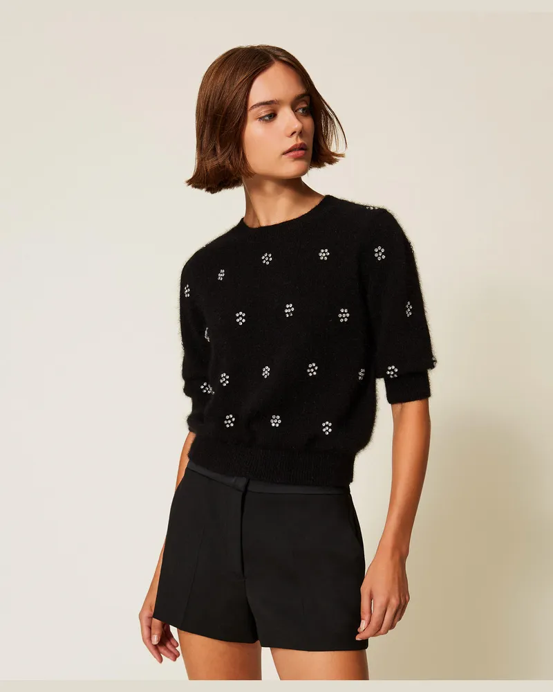 Twin-Set Pullover aus Angorawollmischung mit Stickerei, Schwarz, Größe: XL 