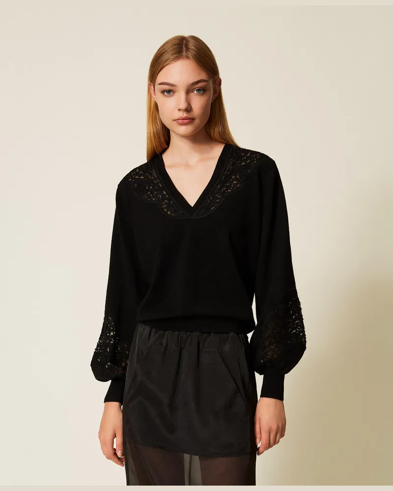 Twin-Set Pullover mit gestickten Intarsien, Schwarz, Größe Schwarz