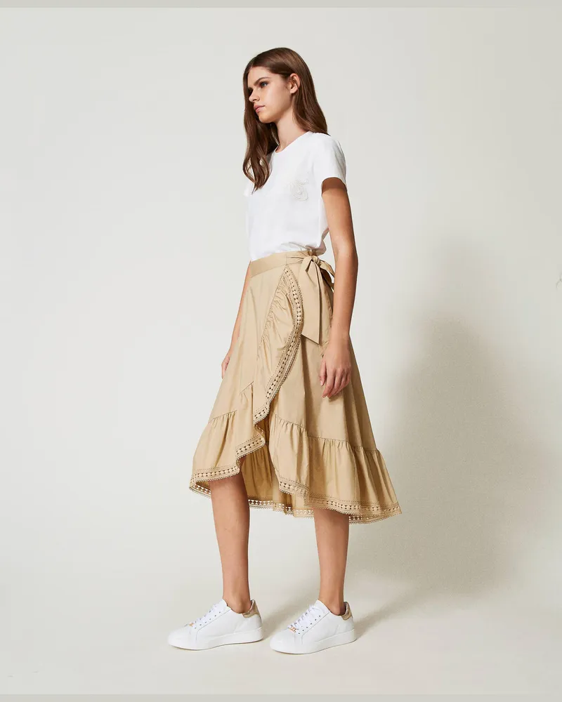 Twin-Set Bademode - Asymmetrisch geschnittener Midirock aus Popeline, Natural Beige, Größe: L 