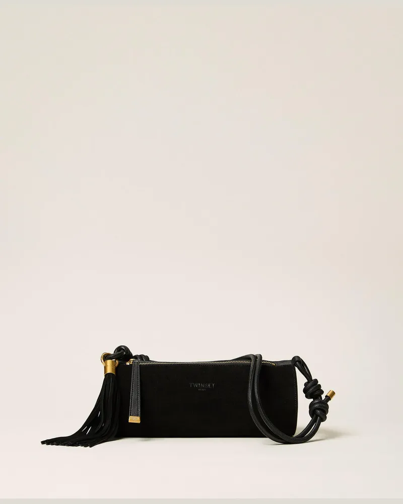 Twin-Set Zylindertasche aus Veloursleder mit Quaste Schwarz