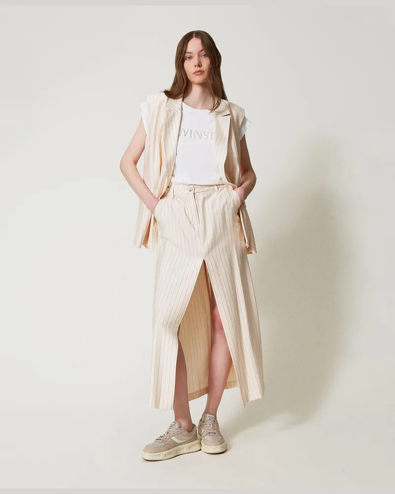 Twin-Set Röcke - Maxirock mit Nadelstreifen, Nadelstreifen Beige / Schwarz, Gestreift, Größe Nadelstreifen