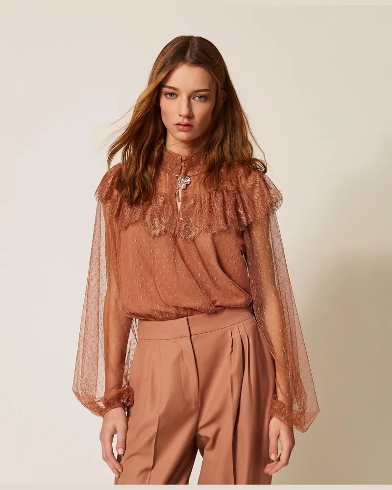 Twin-Set Blusen - Bluse aus Plumetis-Tüll und Spitze, "Mocha Mousse"-Braun, Größe Mocha