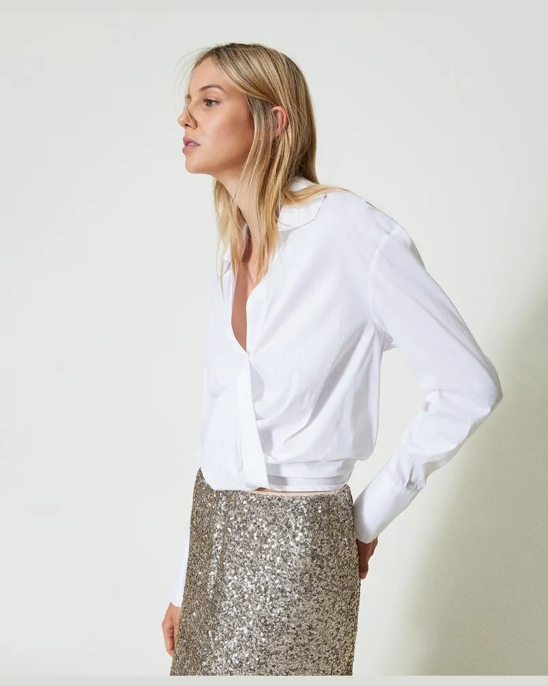 Twin-Set Blusen - Überlappende Popelinebluse, Weiß, Baumwolle, Größe Weiß