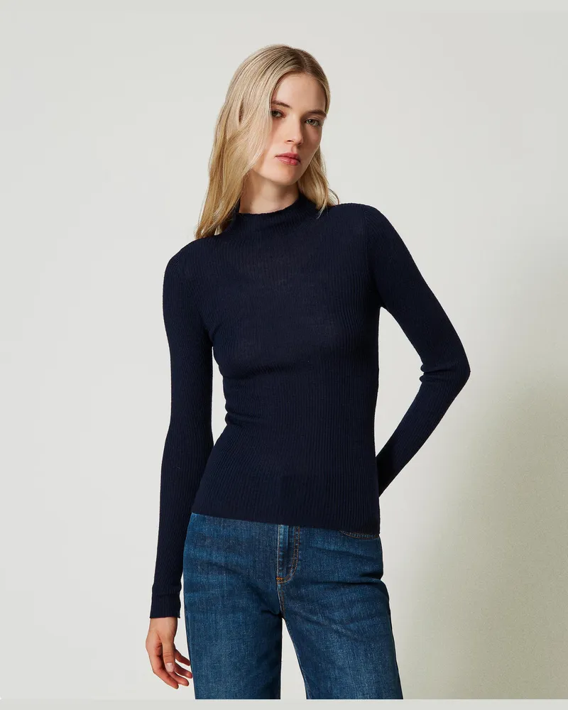 Twin-Set Nahtloser Stehkragenpullover aus Wolle, Klassisches Blau, Größe: XXL 