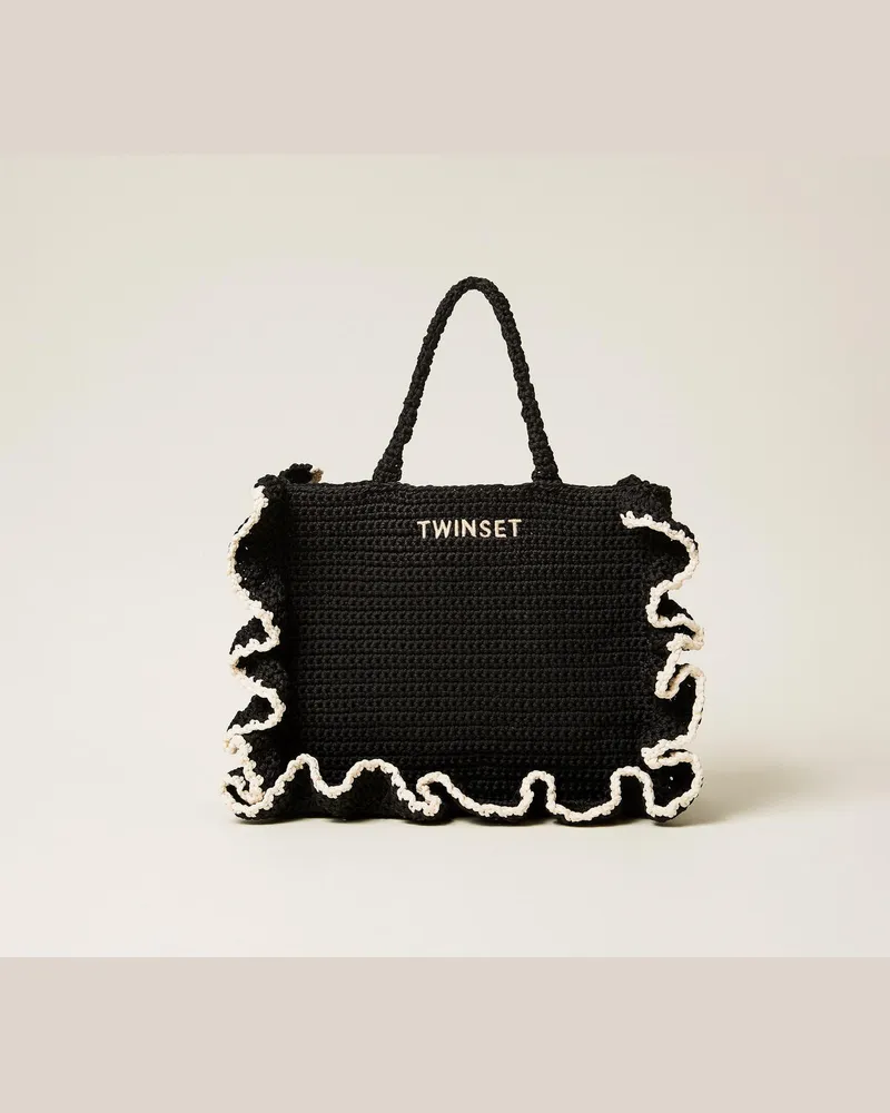 Twin-Set Taschen - Shopper im Häkeldessin mit Rüschen, Zweifarbig Schwarz / Perlmuttweiß, Einheitsgröße Zweifarbig