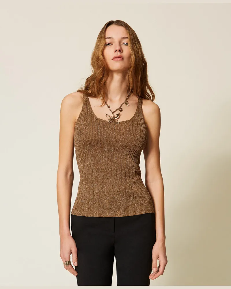 Twin-Set Tops - Stricktop mit Lurex, "Bubinga Wood"-Braun Lurexgold, Größe Bubinga
