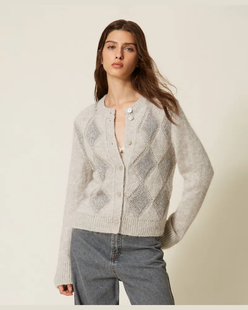 Twin-Set Jacquard-Cardigan mit Rhombenmuster und Pailletten Hellgrau-melange