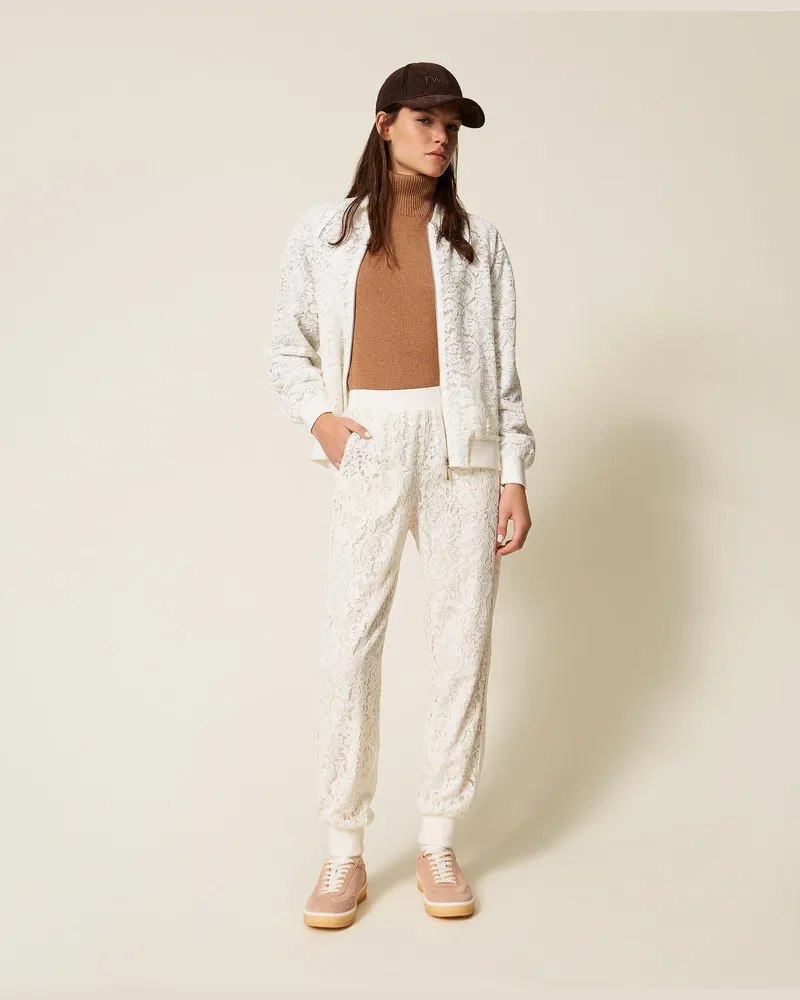 Twin-Set Hosen - Joggers aus Spitze, Mattweiß, Größe Mattweiß