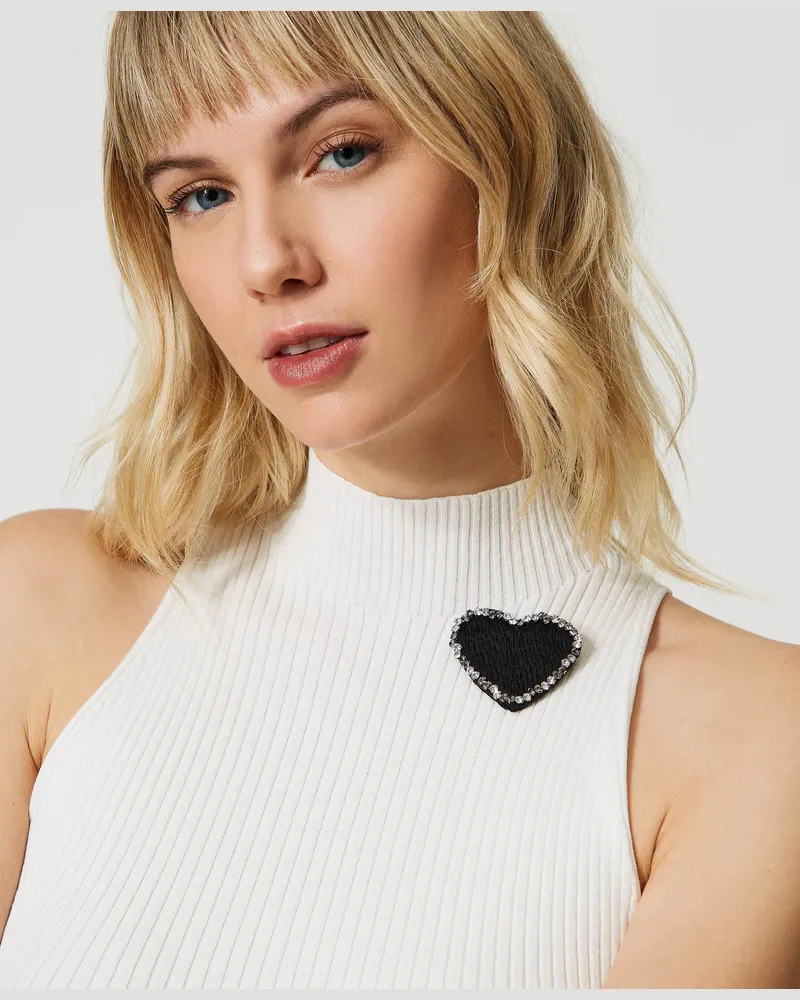 Twin-Set Tops - Gestreiftes Stricktop mit Brosche, Weiß Schnee, Größe Weiß