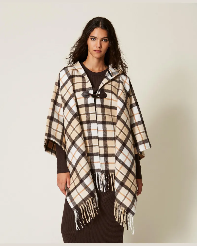 Twin-Set Jacquard-Poncho mit Karomuster, Damen, Karoprint "Dune"-Beige Karoprint