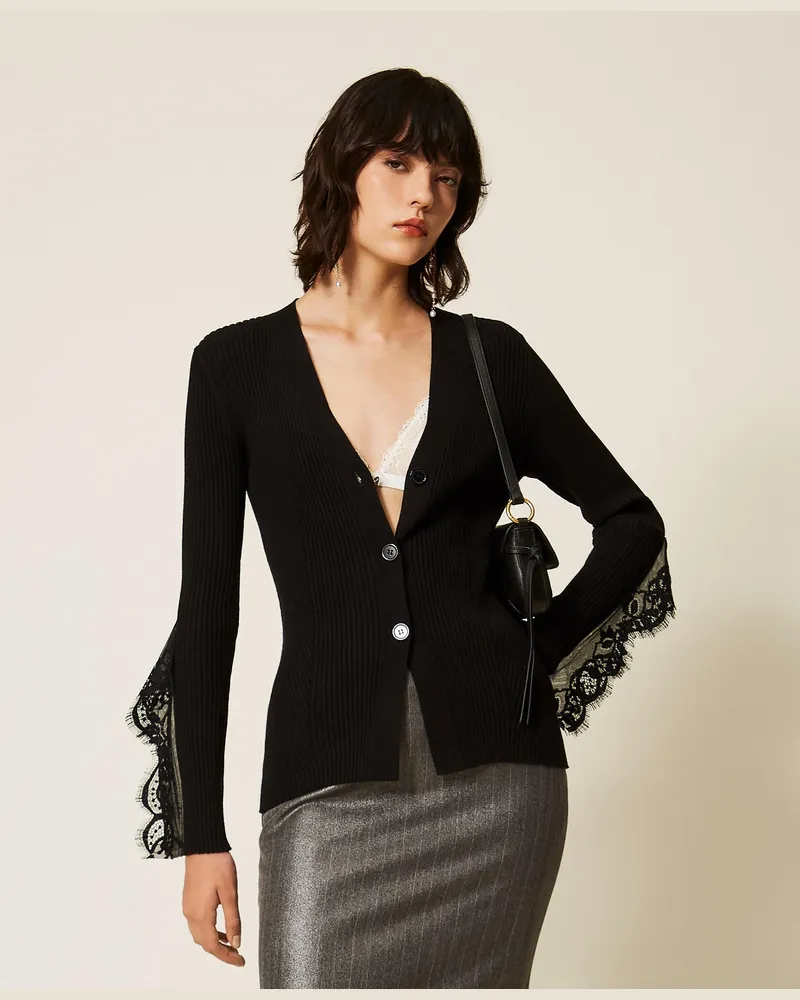 Twin-Set Figurbetonter Strickcardigan mit Spitze, Damen, Schwarz Schwarz