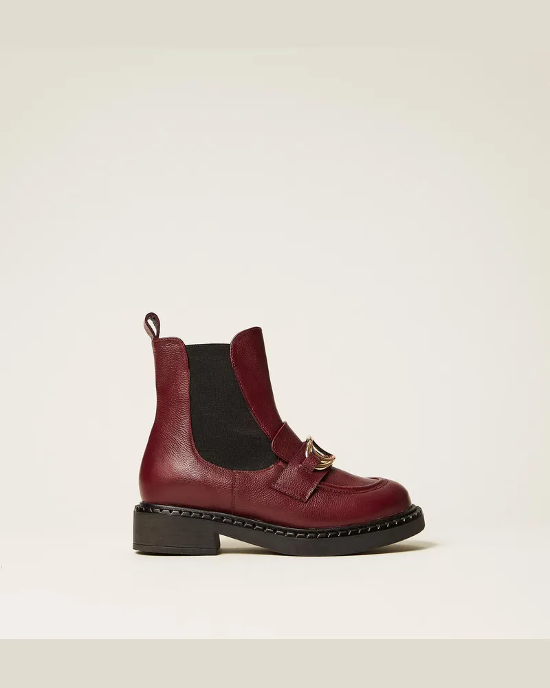 Twin-Set Schuhe - Chelsea-Boot aus Leder mit Oval T, Burgunderrot, Größe Burgunderrot