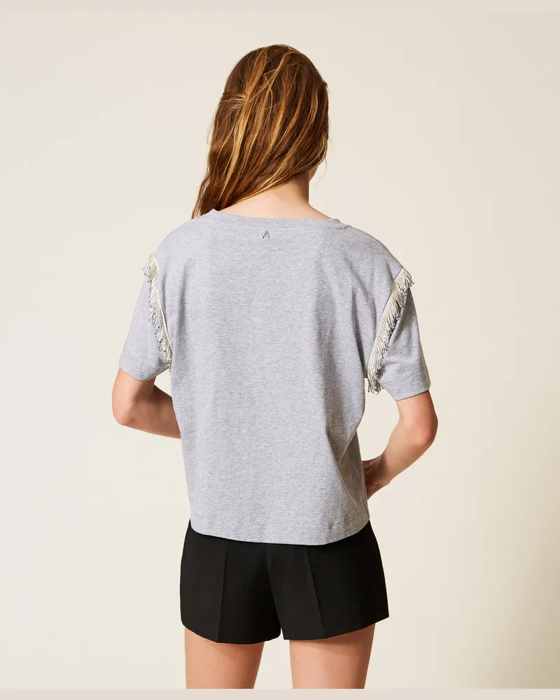 Actitude by Twinset T-Shirts - T-Shirt mit Perlchenfransen, Hellgrau-Melange, Größe: S 