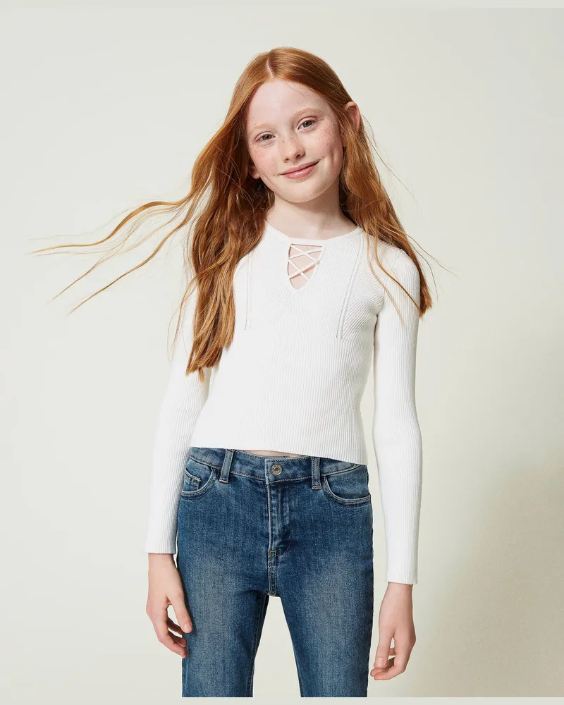 Twin-Set Gerippter Pullover mit überkreuztem Motiv, Mattweiß, Größe: 8A 