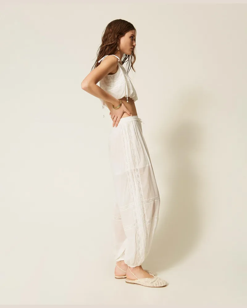 Twin-Set Hosen - Hose aus Musselin mit Spitze, Mattweiß, Größe Mattweiß