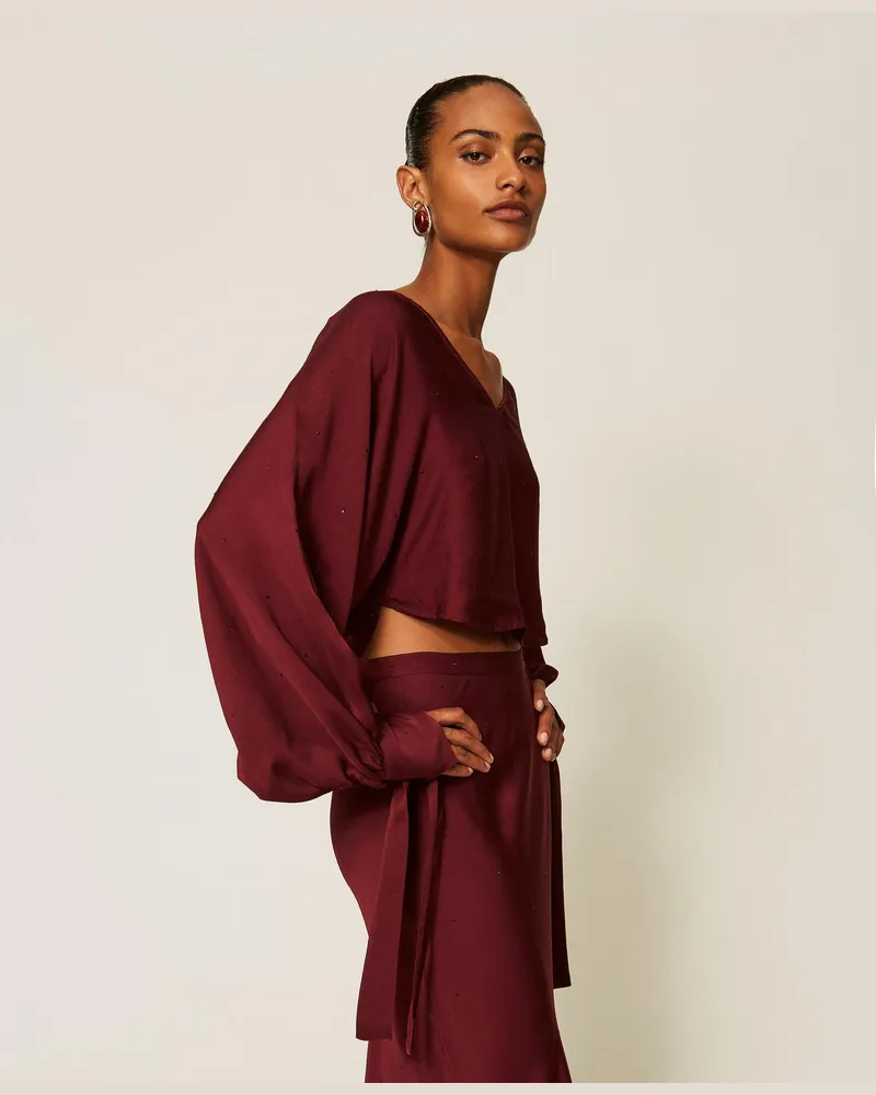 Twin-Set Bolerotop aus Satin mit Strass Bordeaux