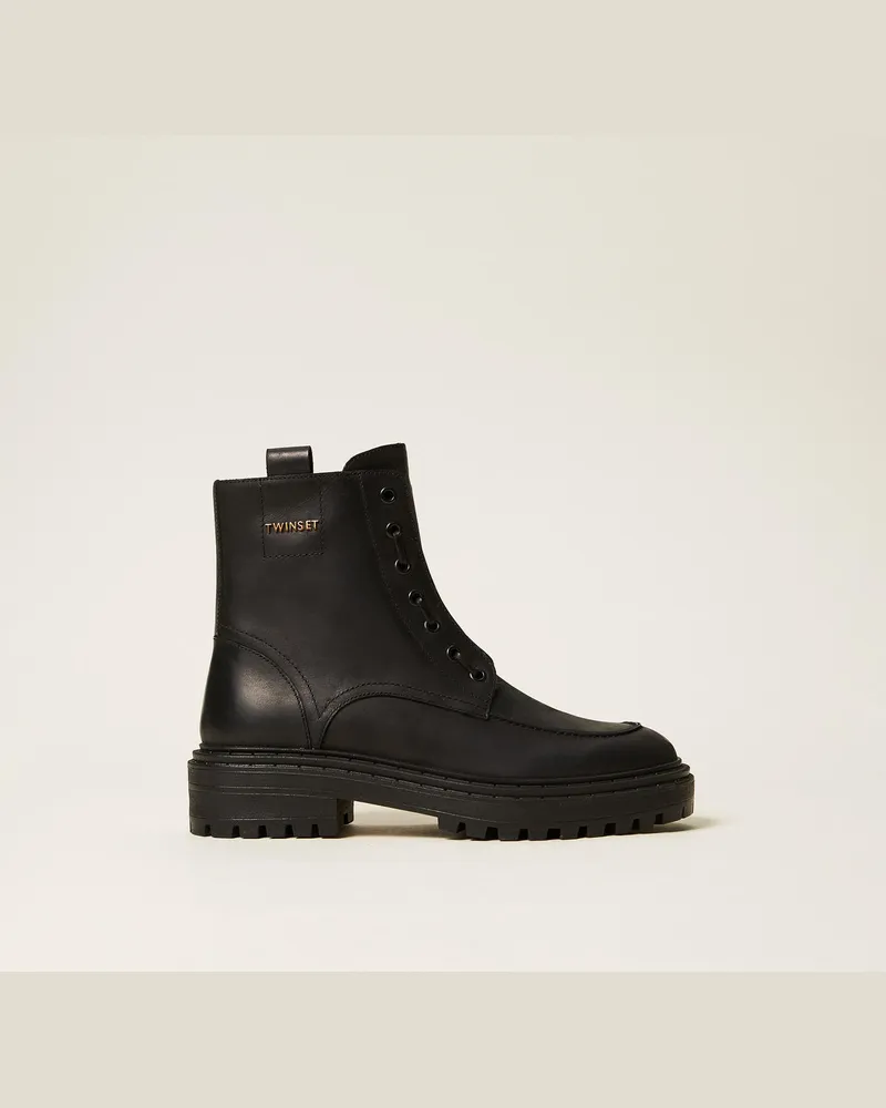 Twin-Set Schuhe - Chunky Stiefelette aus Leder mit Logo, Schwarz, Größe Schwarz