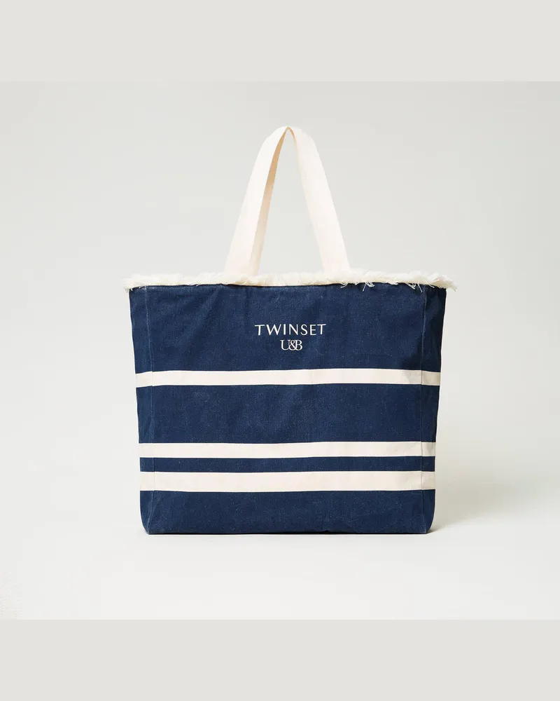 Twin-Set Bademode - Shopper aus Canvas mit Streifen, Zweifarbig Streifen „Blackout"-Schwarz / Star White, Gestreift, Einheitsgröße 