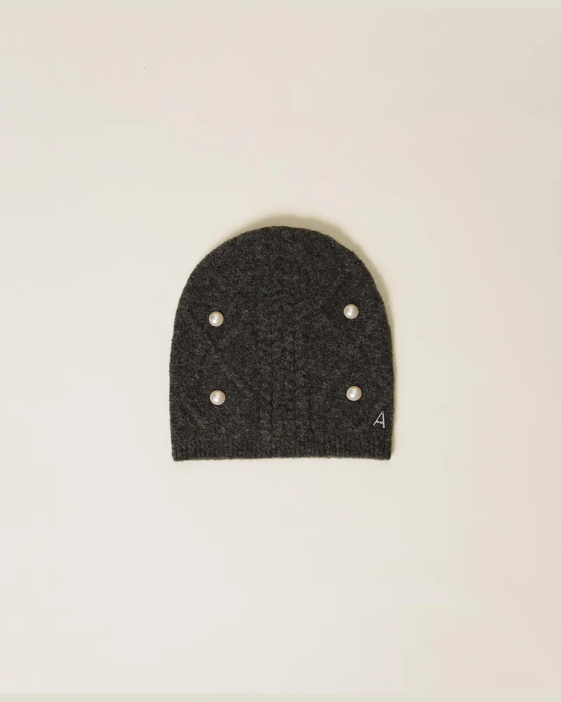 Actitude by Twinset Accessoires - Strickmütze mit Perlen und Zöpfen, Durchschnittgrau-Mélange, Einheitsgröße Durchschnittgrau-mélange