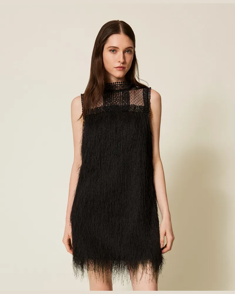 Twin-Set Kleider - Kurzes Kleid mit Fransen und Tüll, Schwarz, Größe Schwarz