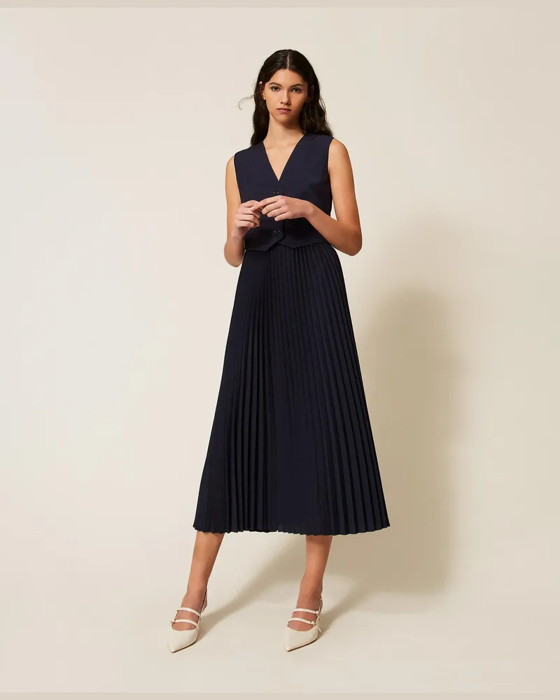 Twin-Set Langes Kleid in Westenoptik mit Plissee Nachtblau