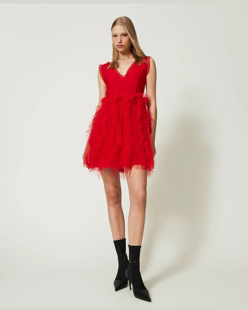 Actitude by Twinset Kleider - Minikleid aus Tüll mit Rüschen, Geranienrot, Größe Geranienrot