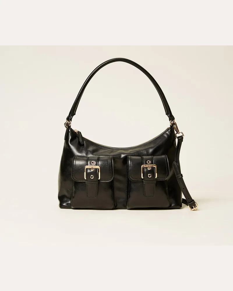 Twin-Set Umhängetasche mit Taschen und Schnallen, Schwarz, Einheitsgröße 