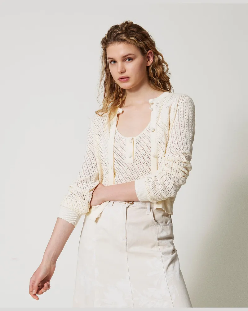 Twin-Set Cardigans - Cardigan mit Stick-Patch, Weiß Schnee, Baumwolle, Größe: XXL 